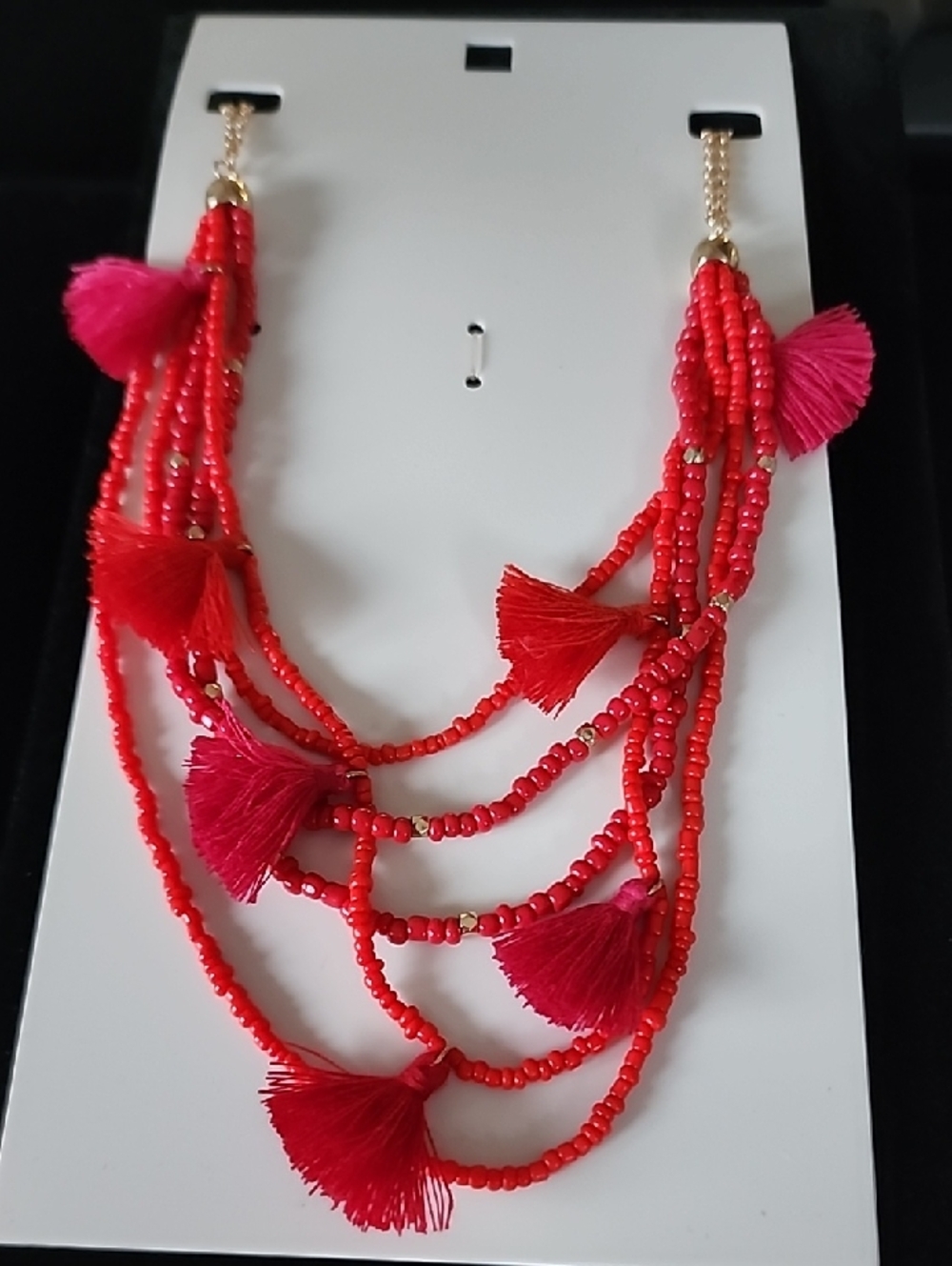 Layered Red Beaded Tassel Necklace - Women's Fashion Jewelry